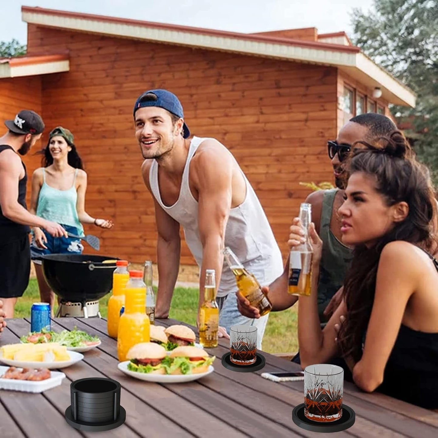 MinBoo Bamboo Coasters for Coffee Table Set of 6 Coasters for Drinks Absorbent with Holder Coffee Table Decor for Tabletop Protection Gifts for House Warming New Home & Wedding