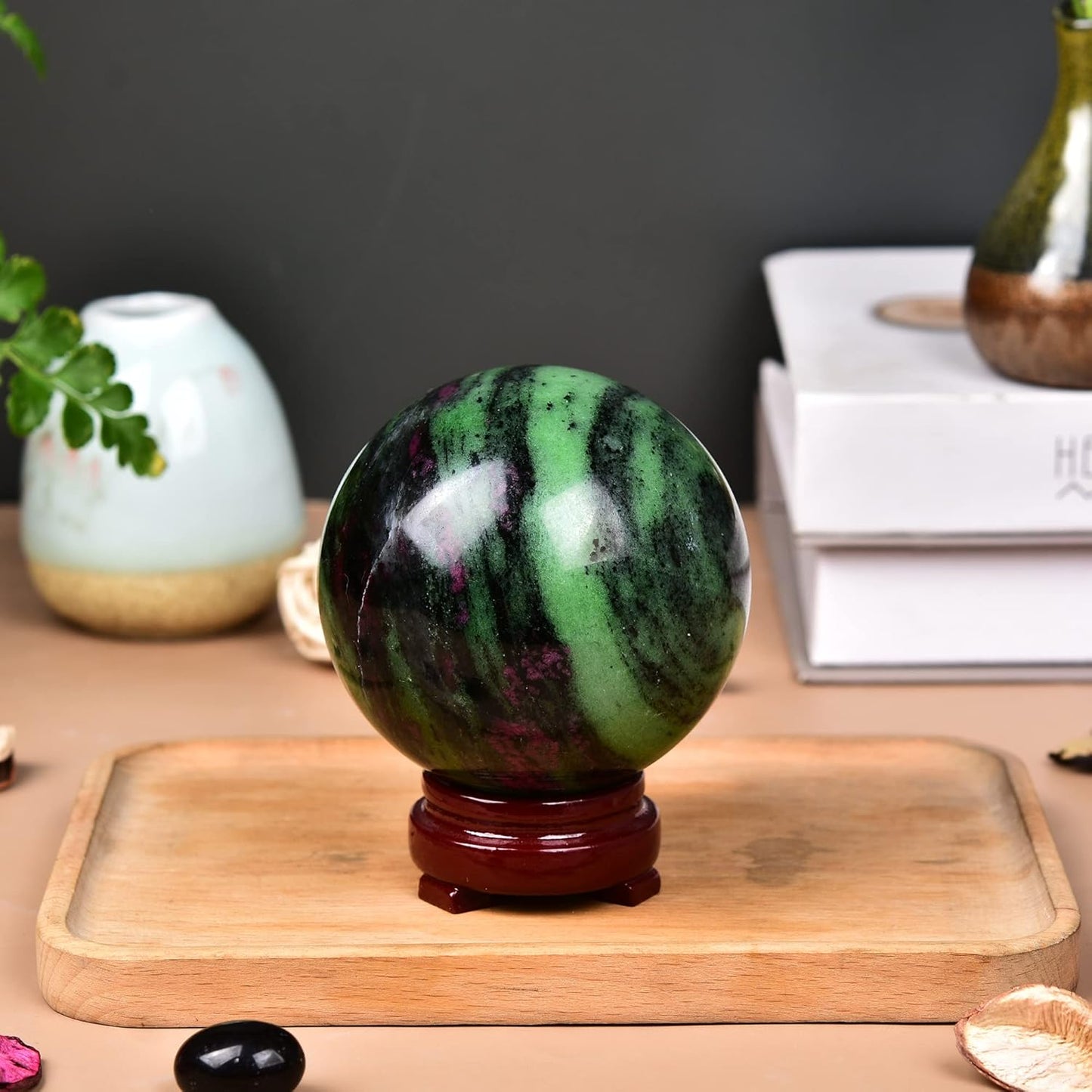 JIC Gem Natural Quartz Crystal Ball Ruby Zoisite Gemstone Sphere with Decoative Stand Red&Green Treasure Healing Crystal Ball for Meditation Grid Decor (80-90mm)