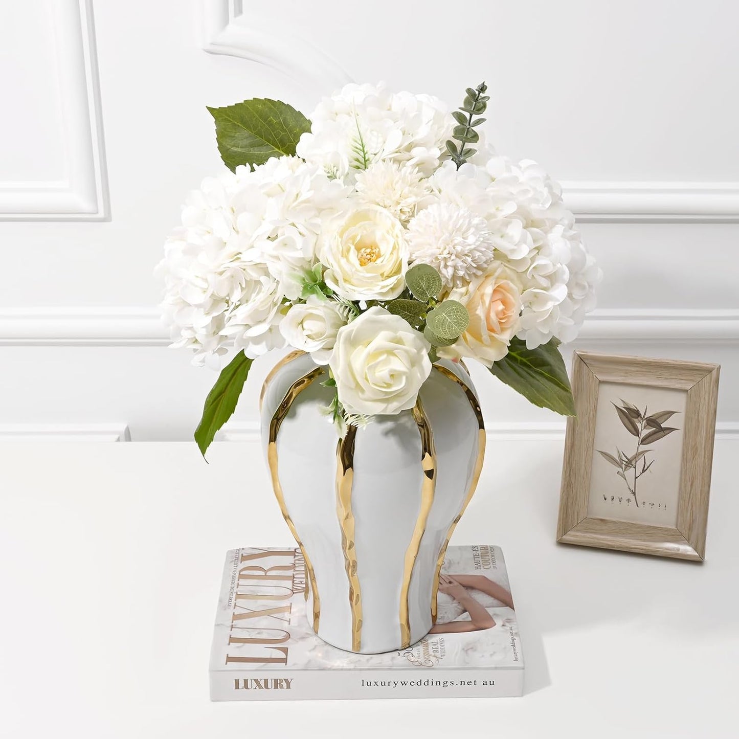 Artflower 4Pcs Real Touch Hydrangea Artificial Flowers, 22.5'' White Full Latex Faux Hydrangea Flowers for Home Floral Arrangements Wedding Bouquets Kitchen Table Centerpiece Decorations