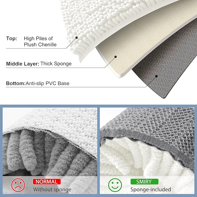 Smiry Luxury Chenille Bathroom Rugs 34x21, Extra Soft and Absorbent Shaggy Bath Mat, Machine Washable, Non-Slip Plush Carpet Runner for Tub, Shower, and Floor, Home Decor Accessories, Ivory