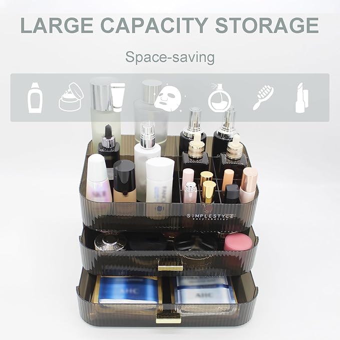 Makeup Organizer with 2 Drawers, Cosmetics Organizer for Bedroom and Bathroom Vanity Countertops, Large Capacity Cosmetic Storage Box for Skincare Cream Perfume Lipstick Dresser Counter-Black