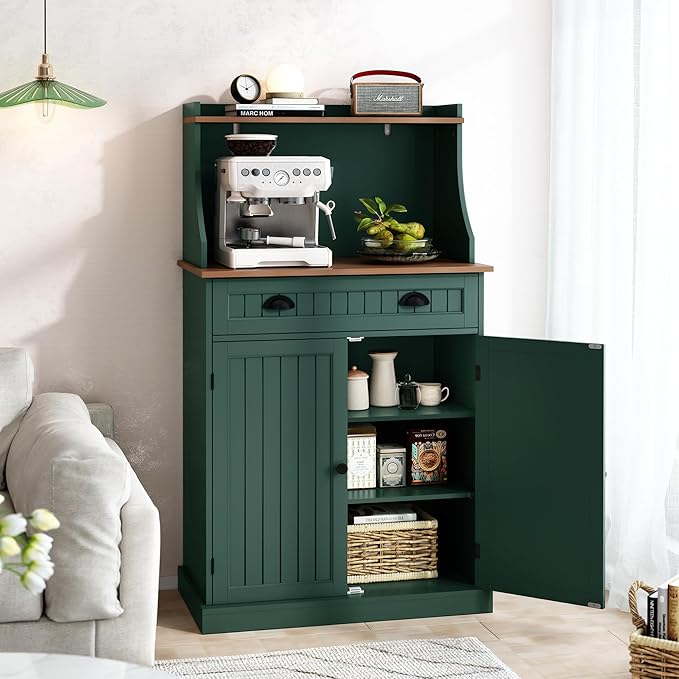 54" Kitchen Pantry Storage Cabinet with Doors and Adjustable Shelves, Green Freestanding Microwave Cabinet with Drawer for Kitchen, Coffee Bar, Living Room
