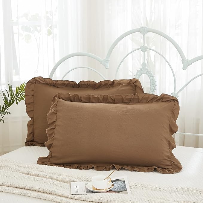 Merryword Brown Ruffle Standard Pillow Shams 20x26inch - Cute Coffee Pillowcases Set of 2 - Shabby Chic Soft Cover 2 Pack