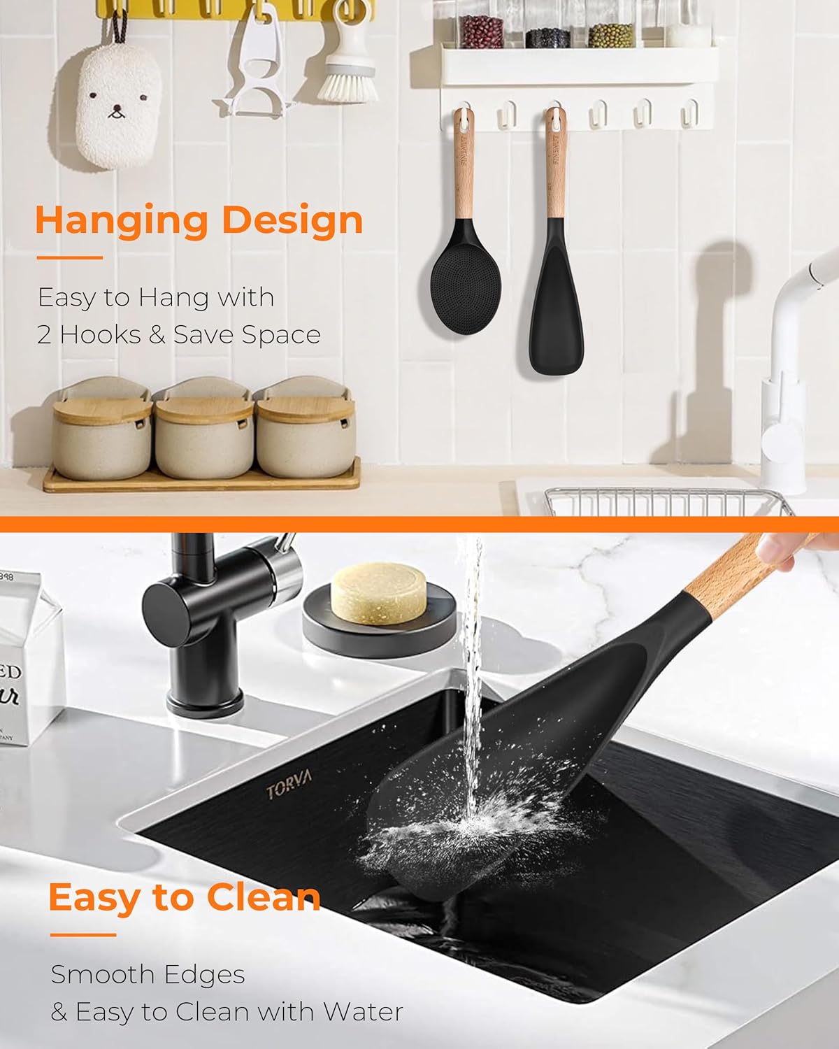 Multifunction Silicone Spatula Spoon 2-Pack Dual-Use-Heat-Resistant 446°F BPA-Free Non-Toxic Cooking for Non-Stick Cookware,Rice Cookers,Wooden Handle Scoop/Serve Meal/Rice Spoon Set (Black)