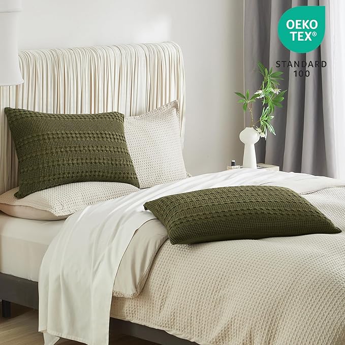 PHF 100% Cotton Waffle Pillow Shams King Size, 2 Pack 20" x 36" Soft Skin-Friendly Pillowcases, No Filling, Aesthetic Woven and Breathable Waffle Weave Pillow Case Covers for Bed, Capulet Olive