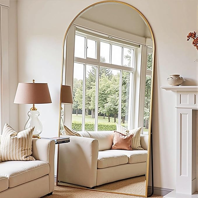 TinyTimes 78''x38'' Oversized Full Length Mirrors, Arched Floor Mirror with Stand, Full Body Large Standing Mirror/Leaning/Hanging Wall Mounted for Living Room, Bedroom, Gold