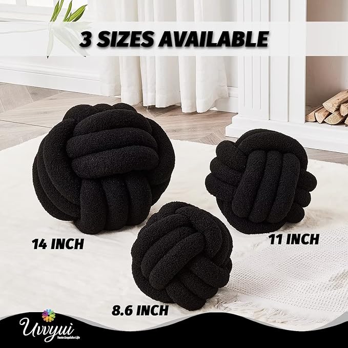 Uvvyui Knot Pillow Ball, Soft Home Decorative Pillows, Round Throw Pillow, Handmade Knotted Plush Pillow, Round Boucle Pillow Cushion (11 Inches Black)
