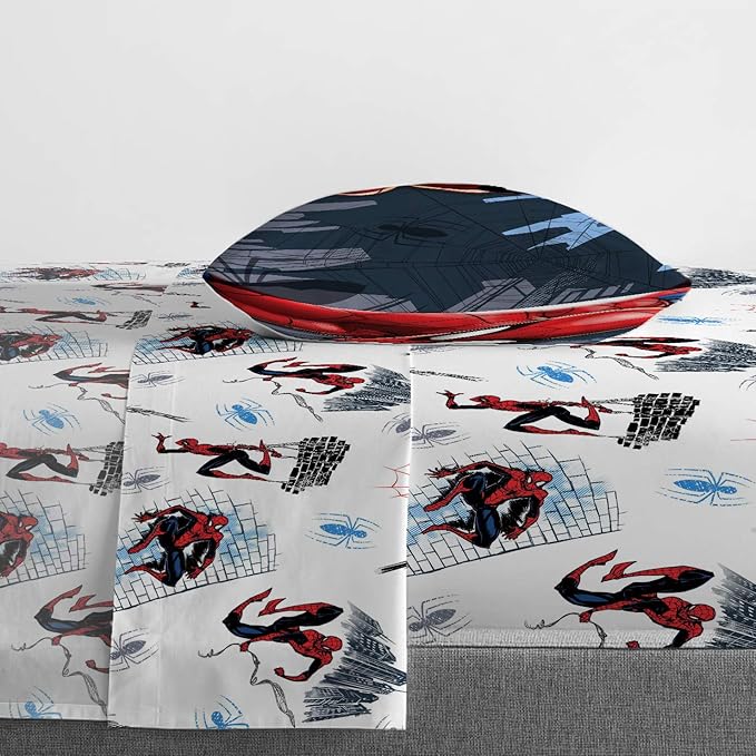 Jay Franco Kids Sheet Set with Fitted, Flat Sheets & Pillow Cover - Ultra-Soft Bedding with Pillowcase for Room Decor, White - Spiderman, 3 Piece Twin