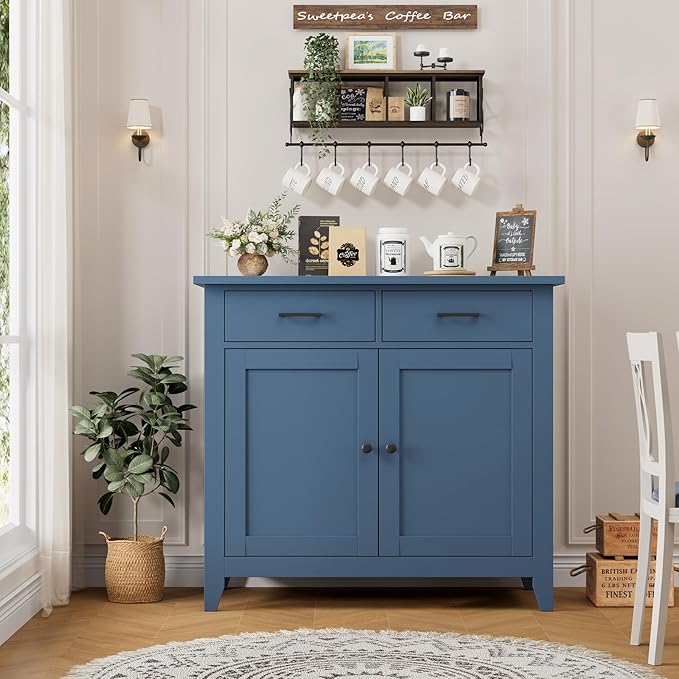 HORSTORS Kitchen Storage Cabinet, Modern Farmhouse Buffet Cabinet with Storage, Coffee Bar with 2 Drawers and 2 Doors, Floor Sideboard Buffet for Living Room, Dining Room, Bathroom, Blue