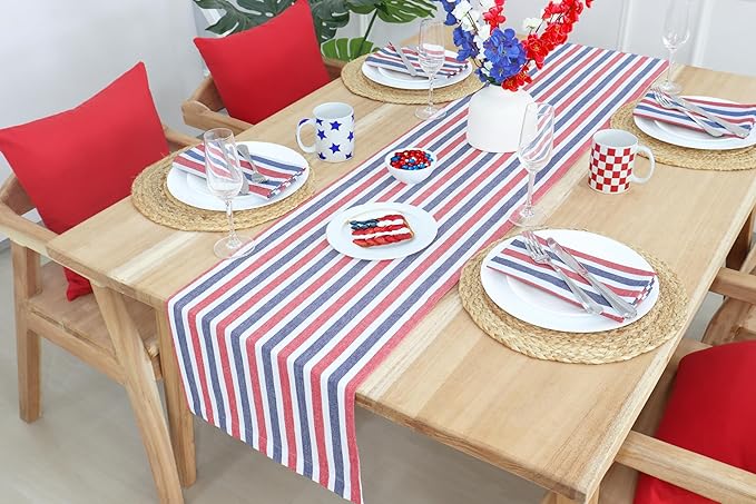 PurpleEssences 4th of July Striped Table Runner 90 inches Long Stripe Runner 14 x 90 Inch 100% Cotton - Durable Washable Fabric - Labor Day - Red Blue White