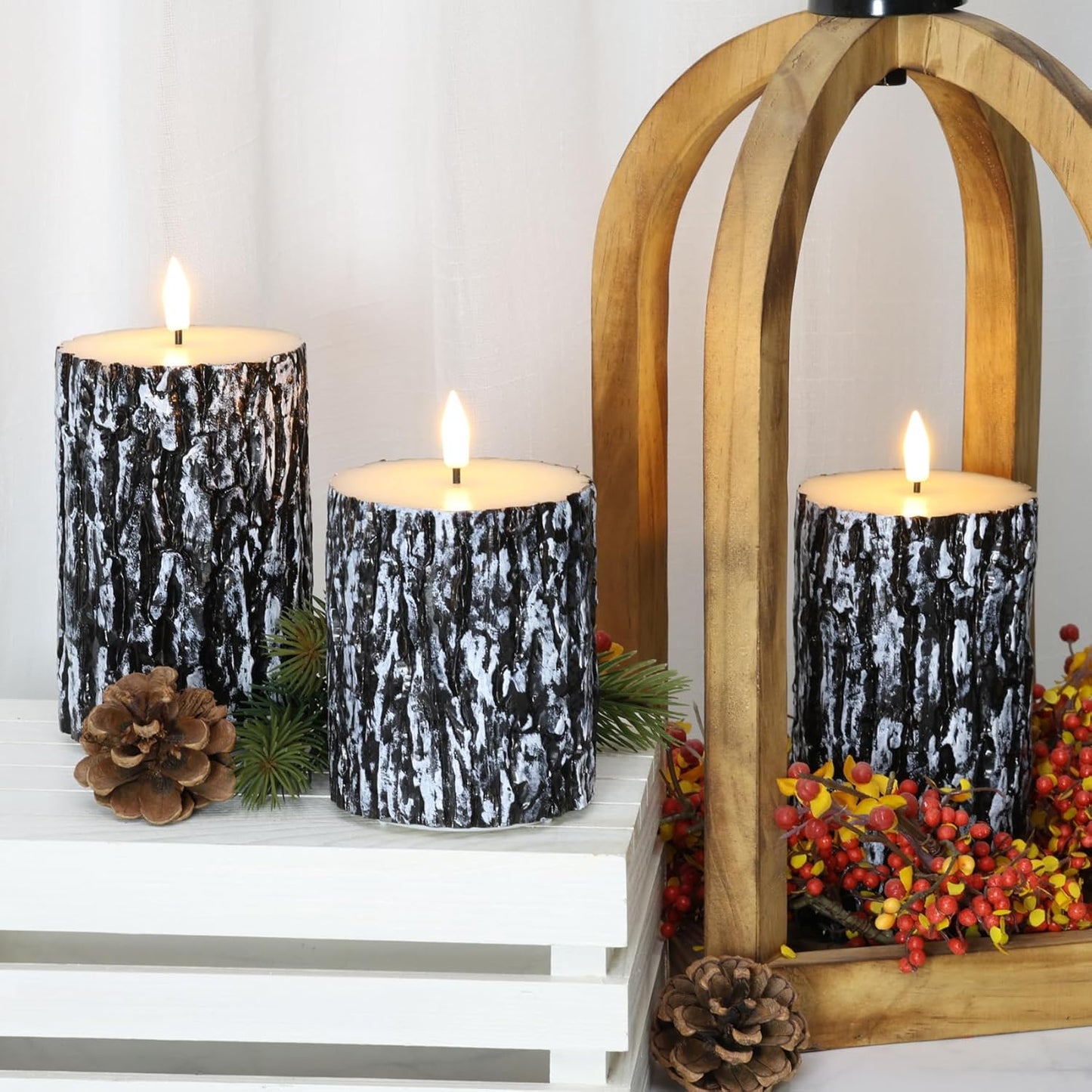 Eywamage Black Pine Bark Flameless LED Candles with Remote, Farmhouse Flickering Wood Pillar Candles Set of 3