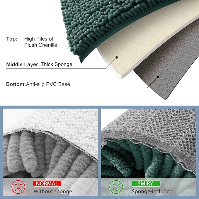Smiry Luxury Chenille Bathroom Rugs 36x24, Extra Soft and Absorbent Shaggy Bath Mat, Machine Washable, Non-Slip Plush Carpet Runner for Tub, Shower, and Floor, Home Decor Accessories, Green