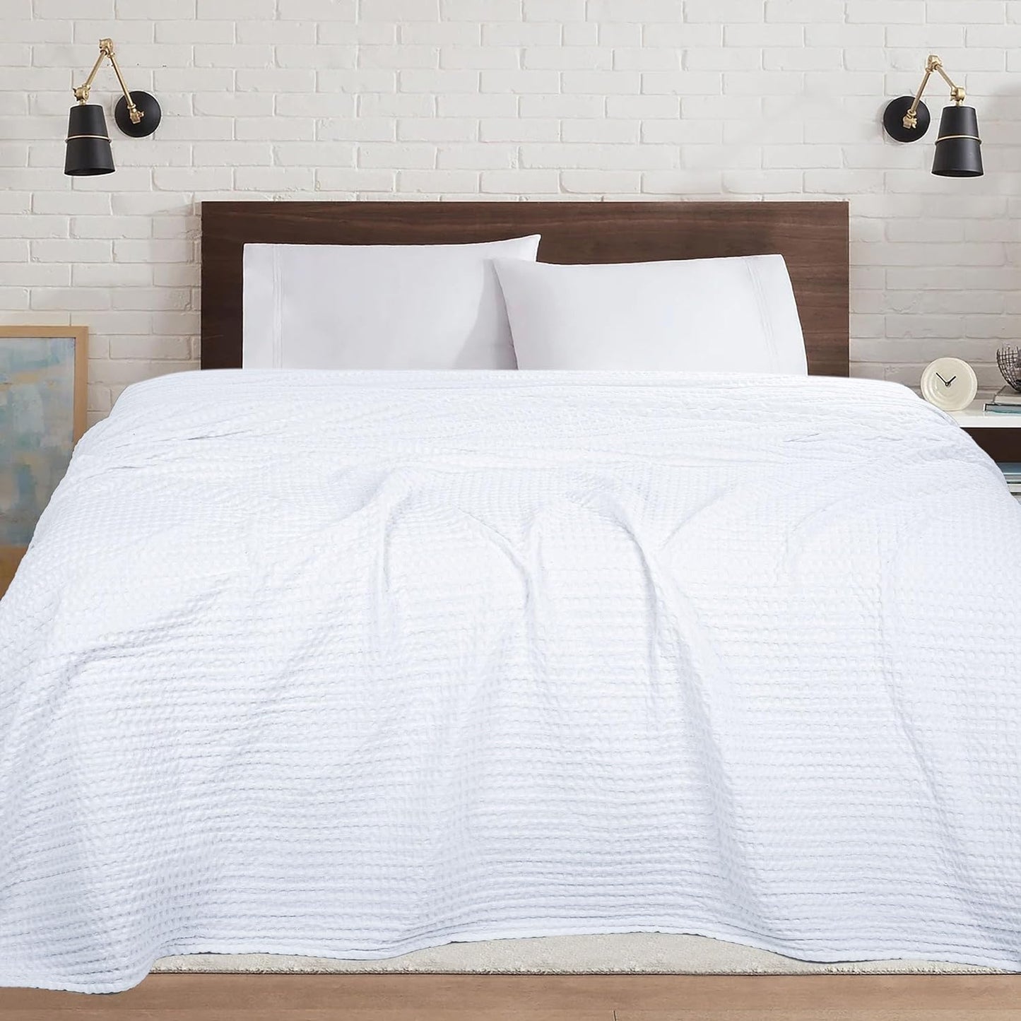 HILLFAIR 100% Cotton Blanket- 120"x120" XXL Oversized King Bed Blankets- Family Size 10 ft x 10 ft Big- Waffle Blankets- All Season Soft Breathable- Extra Large King Cotton Blanket for Bed- White