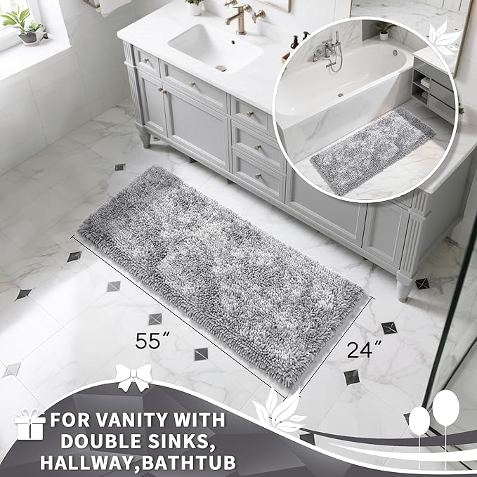 Yimobra Long Bathroom Rugs Runner 55x24 Inch, Extra Thick Soft Absorbent Chenille Bath Mat, Non Slip Machine Washable, Quick Dry Bath Rugs for Bathroom Floor, Tub and Shower, Light Grey