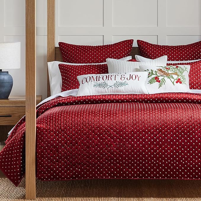Levtex Home - Cross Stitch Velvet Red Quilt Set - King Quilt + Two King Pillow Shams - Cross Stitched Pattern - Quilt Size (106x92in.) and Pillow Sham Size (36x20in.) - Reversible
