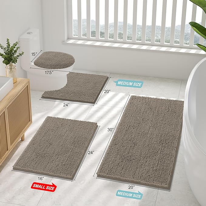 Smiry Luxury Chenille Bathroom Rugs 30x20, Extra Soft and Absorbent Shaggy Bath Mat, Machine Washable, Non-Slip Plush Carpet Runner for Tub, Shower, and Floor, Home Decor Accessories, Latte