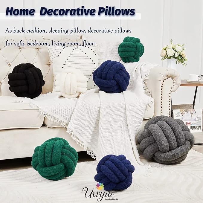 Uvvyui Knot Pillow Ball, Soft Home Decorative Pillows, Round Throw Pillow, Handmade Knotted Plush Pillow, Round Boucle Pillow Cushion (11 Inches Navy)