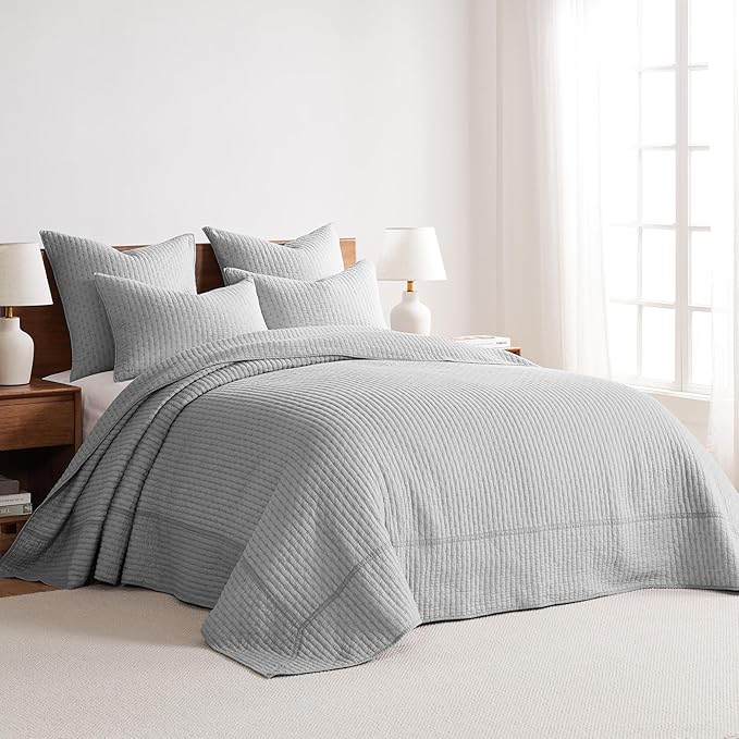 Levtex Home Cross Stitch Reversible Twin Bedspread Set (84x104in) with 1 Pillow Sham (26x20in) - Stitch Texture - Light Grey - Cotton Twin Size Bedspread Set - Lightweight, Soft, Pre-Washed