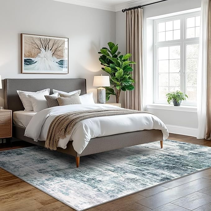 IOHOUZE Modern Abstract Area Rugs 5x7 Ft Washable Rugs for Living Room, Non Slip Dining Room Rug, Printed Faux Wool Rugs for Bedroom, Floor Carpet for Office Nursery Playroom, Sage Grey