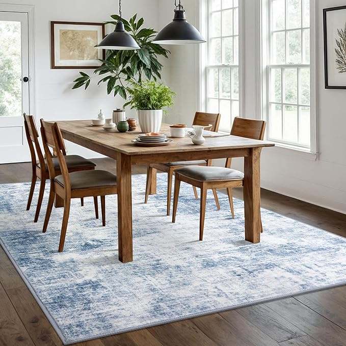 IOHOUZE Abstract Area Rugs 6x9 Ft Washable Rugs for Living Room, Non Slip Dining Room Rug, Printed Faux Wool Rugs for Bedroom, Floor Carpet for Office Nursery Playroom, Light Blue White