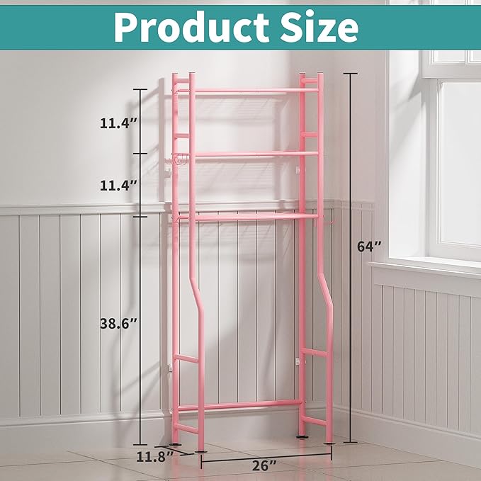 3-Tier Over The Toilet Storage with Paper Holder, Metal Bathroom Organizers and Storage for Small Space, Freestanding Bathroom Shelves with 4 Hooks, Above The Toilet Storage Shelf, Pink
