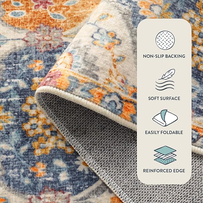 Lahome Moroccan Trellis Washable Area Rugs 5x7, 5x7 Area Rugs for Living Room Bedroom, Indoor Non-Slip Large Oriental Accent Throw Carpet for Kitchen Entryway Bathroom Office, Cream/Multi