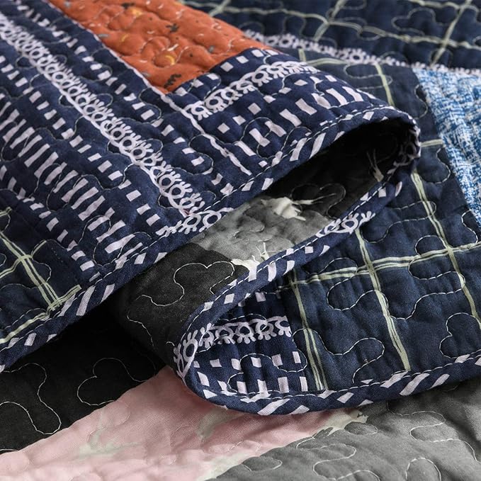 NEWLAKE Cotton Patchwork Bedspread, 3-Piece Bedding Quilt Set with Real Stitched Embroidery, Reversible Matelasse Bed Coverlet Set,Vintage Flowery Grid,Queen Size