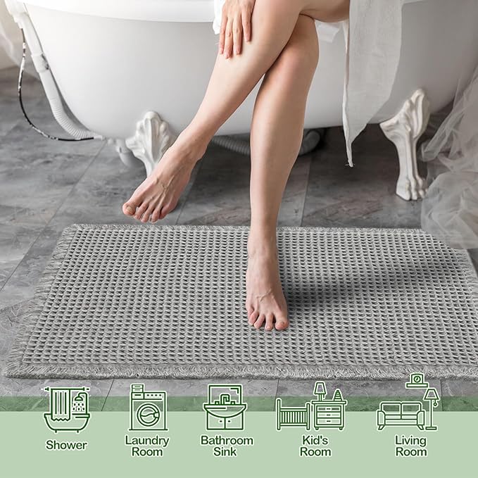 ZALL Grey Waffle Bath Mat,Super Absorbent Non Slip Bathroom Rug,Gray 17x24 inch,Machine Washable Ultra Soft Floor Mats