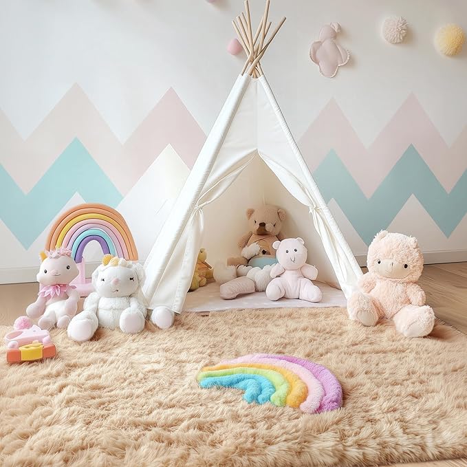 OLANLY Area Rugs for Living Room Bedroom, Machine Washable 4x5.9 ft Soft Fluffy Shaggy Bedside Rug, Indoor Floor Carpet for Kids Girls and Boys, Dorms, Nursery Rooms, Home Decor Aesthetic, Beige