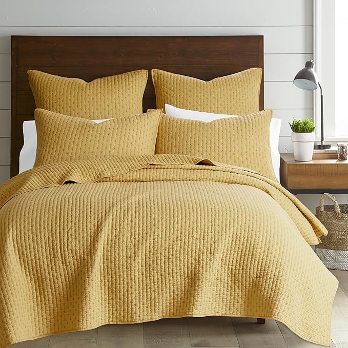 Levtex Home Cross Stitch Reversible Twin XL/Twin Quilt Set (68x86in) with 1 Pillow Sham (26x20in) - Stitch Texture - Ochre - 100% Cotton Twin Size Quilt Bedding Set - Lightweight, Soft, Pre-Washed