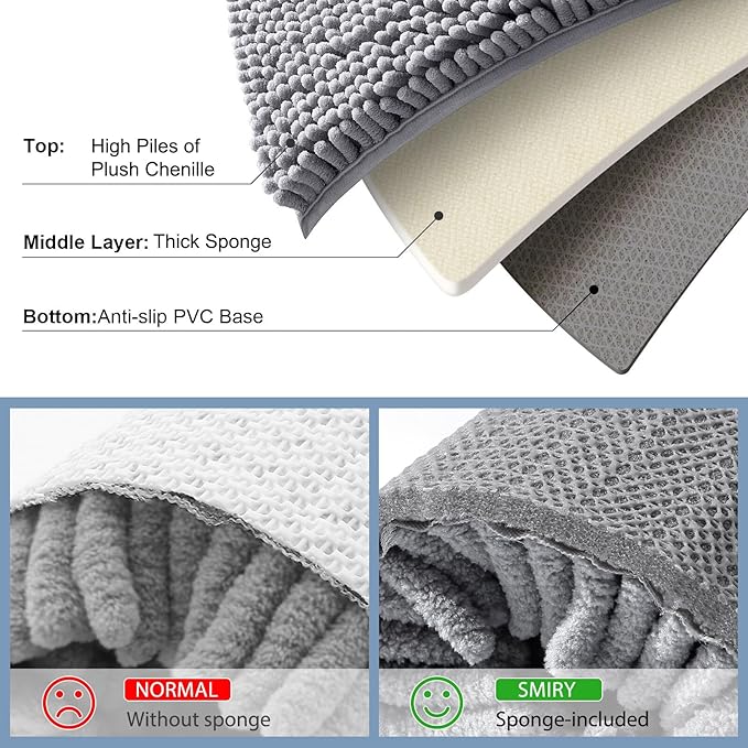Smiry Luxury Chenille Bathroom Rugs 36x24, Extra Soft and Absorbent Shaggy Bath Mat, Machine Washable, Non-Slip Plush Carpet Runner for Tub, Shower, and Floor, Home Decor Accessories, Grey