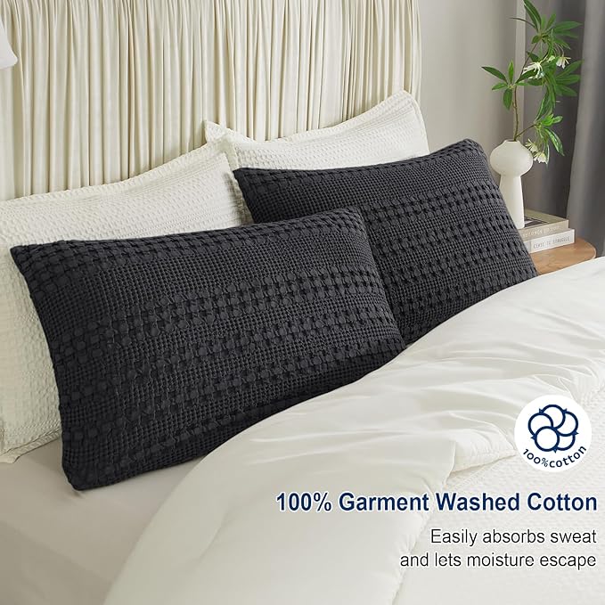 PHF 100% Cotton Waffle Pillow Shams Queen Size, 2 Pack 20" x 30" Soft Skin-Friendly Pillowcases, No Filling, Aesthetic Woven and Breathable Waffle Weave Pillow Case Covers for Bed, Black