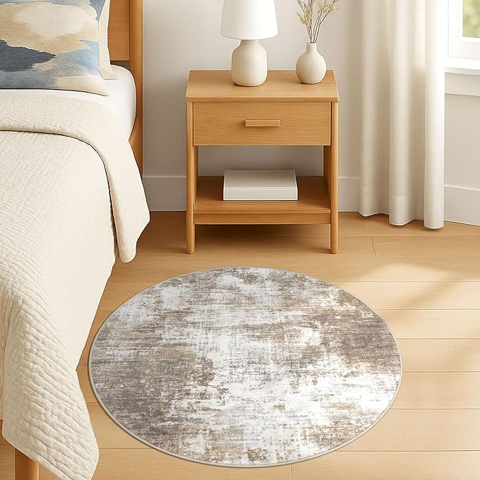 IOHOUZE Round Area Rug 3 Ft Circle Entryway Rugs Round Washable Door Mat Indoor Entrance, Non Slip Circle Front Door Rug, Printed Abstract Faux Wool Floor Carpet for Foyer Porch Sink, Beige Brown