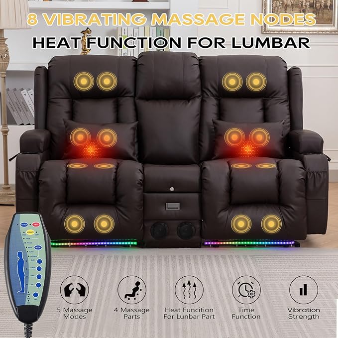 IPKIG 67" Power Reclining Loveseat Sofa, Electric Home Theater Seating with Console/4 Colors Ambient Lighting/Bluetooth Speakers/USB Ports/Built-in Outlets (Brown, Loveseat Recliner)