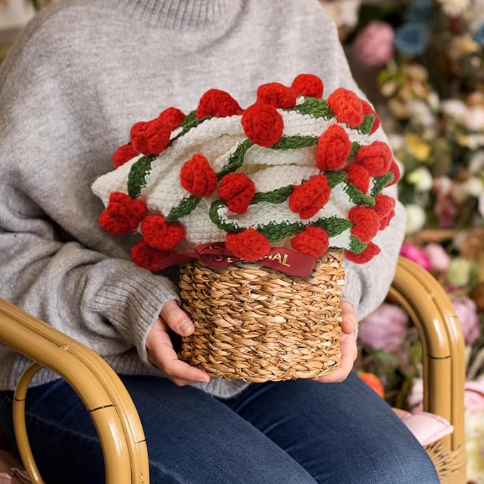 Handmade Crochet Flower Bouquet Blanket - Soft Lightweight Knit Throw for Birthday Wedding Valentines, Ready-to-Use Home Decor Gift (Red, 31in)