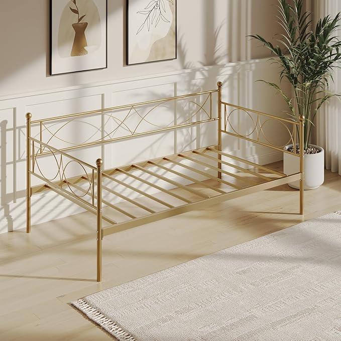 IDEALHOUSE Twin daybed with Trundle, Metal Twin Daybed and Trundle Set, Day Bed Sofa Bed Frame with Steel Slat Support, Multifunctional Daybed Frame for Bedroom (Gold Daybed)