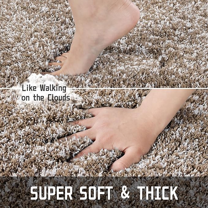 Yimobra Luxury Bathroom Rugs, Fluffy Bath Mats, Non Slip, Water Absorbent Microfiber, Machine Washable, Plush Runner Shower Rugs, Thick Matts for Bathroom Floor&Tub, 70"x 24", Light Brown and White