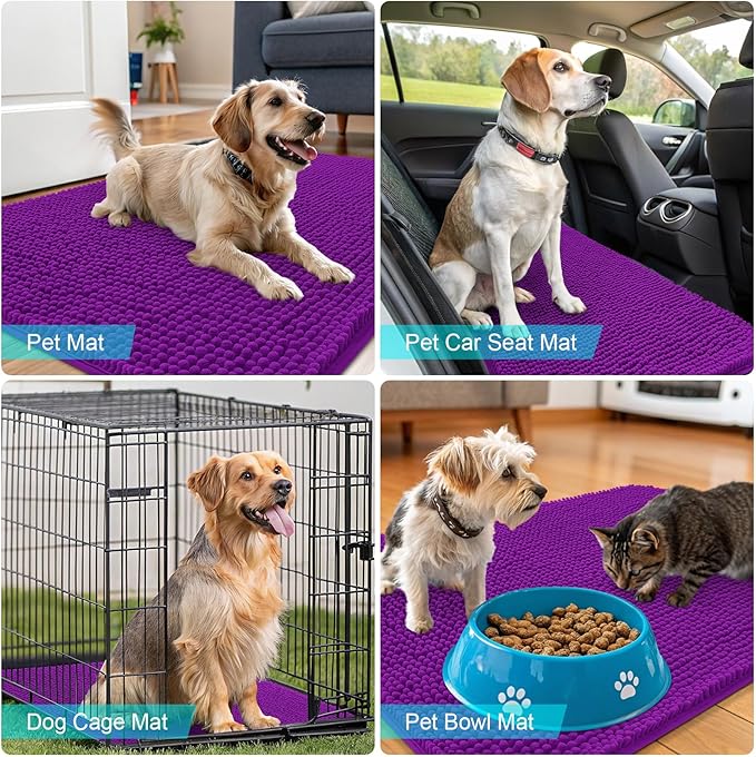 OLANLY Dog Door Mat for Muddy Paws 36x24, Absorbs Moisture and Dirt, Absorbent Non-Slip Washable Doormat, Quick Dry Chenille Mud Mat for Dogs, Entry Indoor Entryway Carpet for Inside Floor, Purple