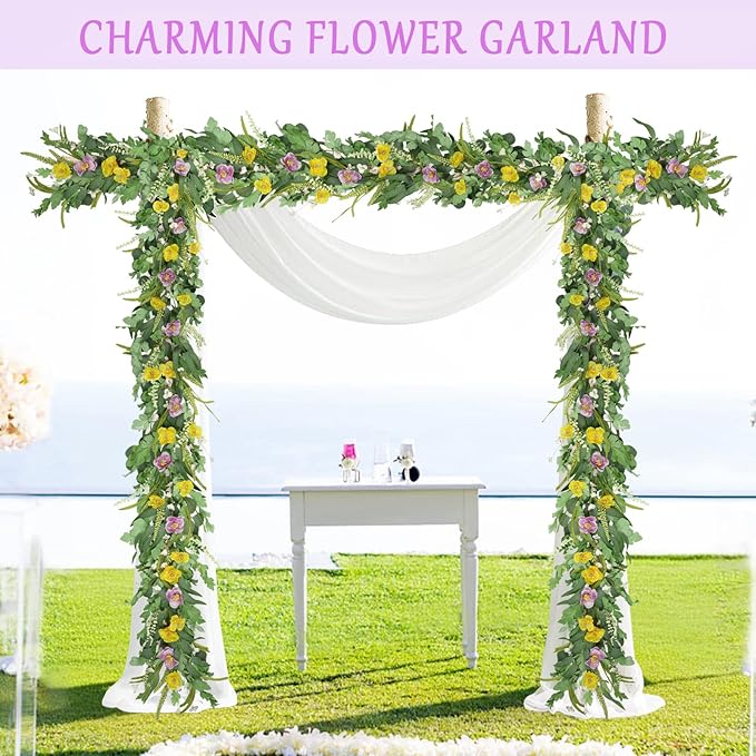 6FT Spring Garland for Decoration, Summer Green Eucalyptus Flower Garlands for Mantle Table Wedding Decor, Fake Vines Greenery Easter Garland Backdrop Floral Arch Wall Room Garden Farmhouse Home Decor