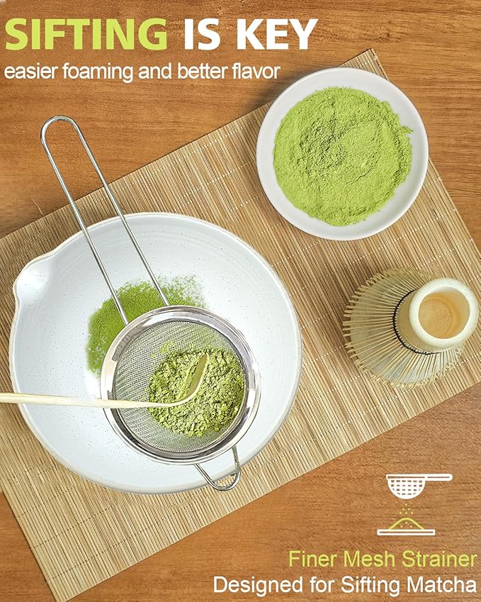 Matcha Whisk Set with Matcha Bowl, Matcha Whisk Holder Matcha Bamboo Whisk, Scoop, Sifter, Unique Gifts for Women Men Girl Friend Home Kitchen Decor(white)