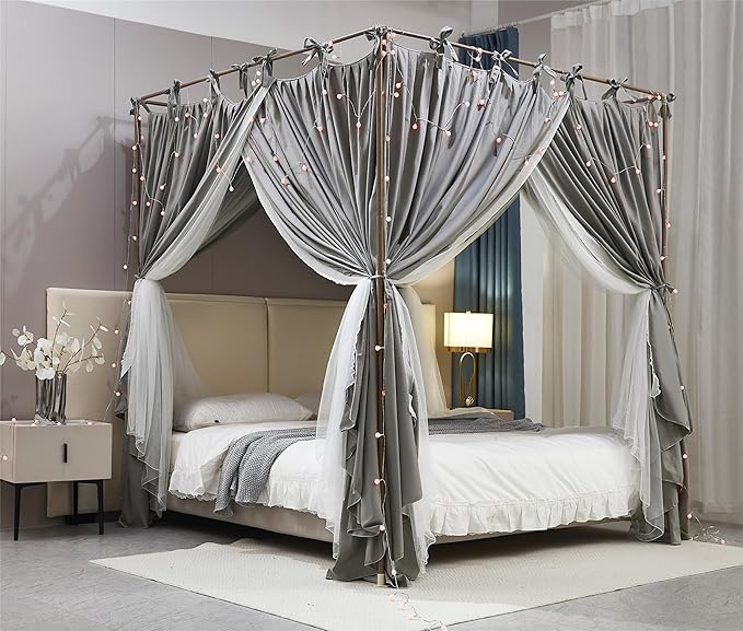 4 Corners Post Princess Curtain Bed Canopy Double Layer Cozy Mosquito Net Mesh and Cloth for Girls Adults Bedroom Decoration (Double-Grey/White, 78" W*86" L*82"*H/(King))
