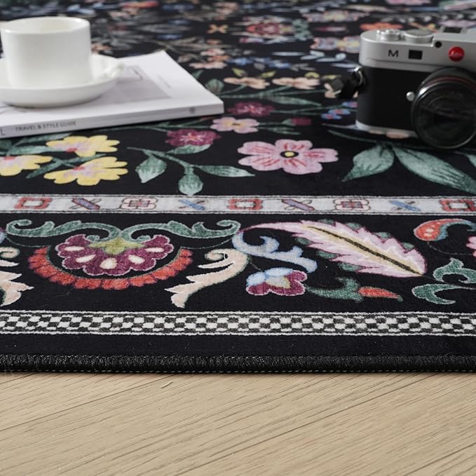 Area Rug 4x6 Rug Washable Rugs Floral Non Slip Low Pile Small Carpet for Bedroom, Bedside, Kids Room, Office, Dining Room (Vibrant Black)