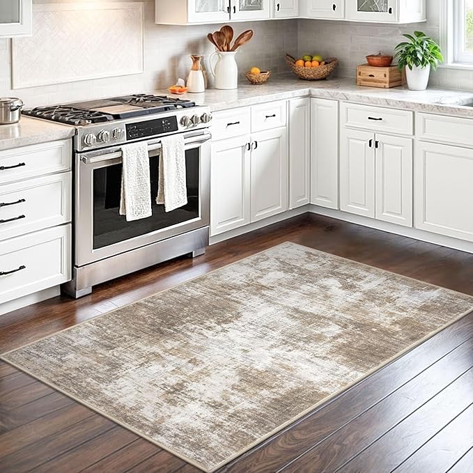 IOHOUZE Abstract Area Rug 3x5 Ft Washable Rugs for Entryway Indoor, Non Slip Kitchen Rug Printed Faux Wool Throw Rugs, Indoor Door Mat for Door Entrance Foyer Living Room, Beige Brown
