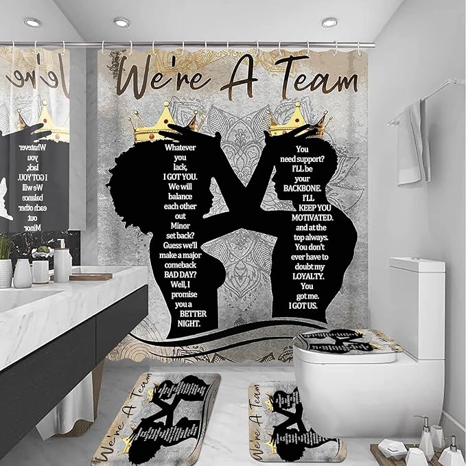 4 Pcs Black King Queen Shower Curtain Set, Inspirational Quotes Black Man Women Bathroom Decor Sets with Shower Curtain and Rugs Toilet Lid Cover Bath Mat, Romantic Waterproof Fabric Shower Curtains