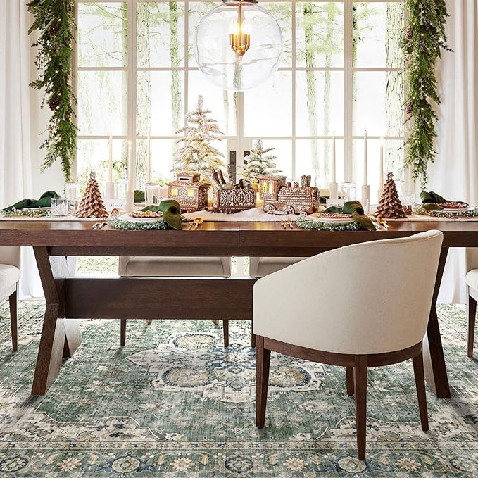 Washable Area Rug 8x10 - Large Sage Green Boho Rugs for Living Room Soft Vintage Bedroom Rug Ultra-Thin Distressed Oriental Carpet Stain Resistant Rug for Dining Room Guest Room Home Decor