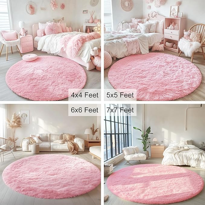 OLANLY Pink Round Rugs for Bedroom - Machine Washable, 6 ft Circle Area Rugs for Living Room, Soft and Fluffy Shaggy Carpet for Teen Girls and Boys, Nursery Rooms, Dorms, Home Decor Aesthetic