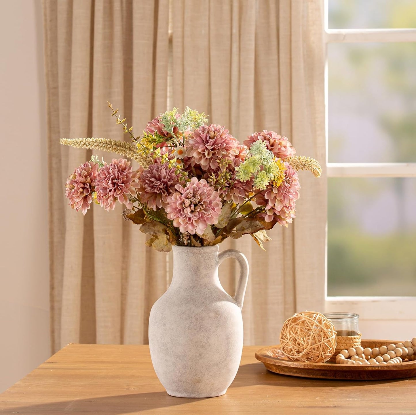 Ceramic Flower Vase Home Decor - 10 Inch Large White Rustic Table Flowers Vases Living Room Bedroom Plant Decorations Farmhouse Vintage for Kitchen Shelf Office Coffee Dining Desk House Women