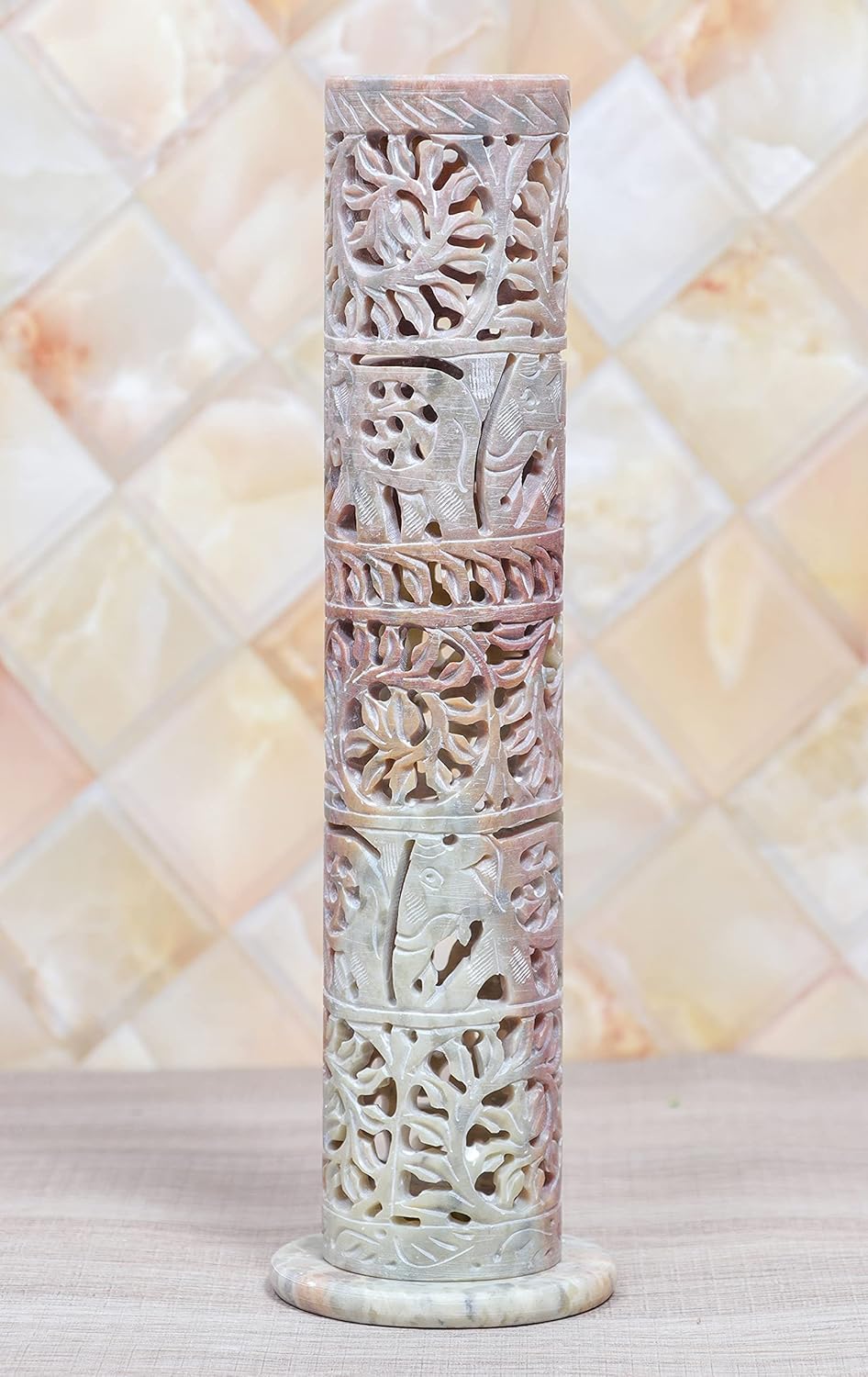 Crocon Soapstone Handmade Tower Candle Burner Elephant Leaf Crafting Incense Tower Burner | Tea Light Holder | Living Room Decor Kitchen Home Fragrance Decorative Great Gift Set - 2.9X2.9X10 Inch