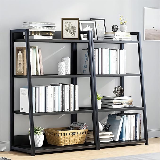 IOTXY 4 Tier Open Bookshelf - Steel and Wood Display Stand, 50CM Width Floor-Standing Bookcase, Black
