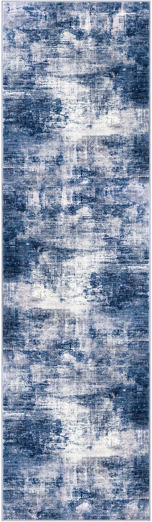 IOHOUZE Abstract Runner Rug 2x7 Ft Washable Runners for Hallways, Non Slip Kitchen Runner Printed Faux Wool Entryway Runners Indoor, Modern Abstract Floor Carpet for Hall Kitchen Bedroom, Navy/Grey